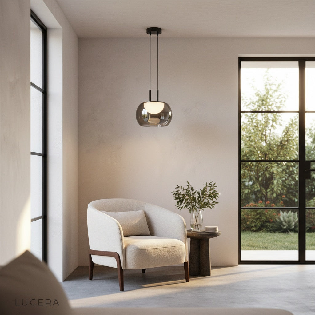 Gareth pendant light at night, glowing warmly in a stylish living room corner