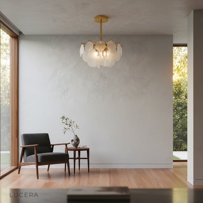 polished iron chandelier with glass discs in grand exhibition hall