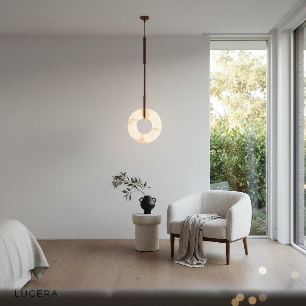 Helix alabaster pendant light illuminated at night above rustic wooden table in farmhouse dining room