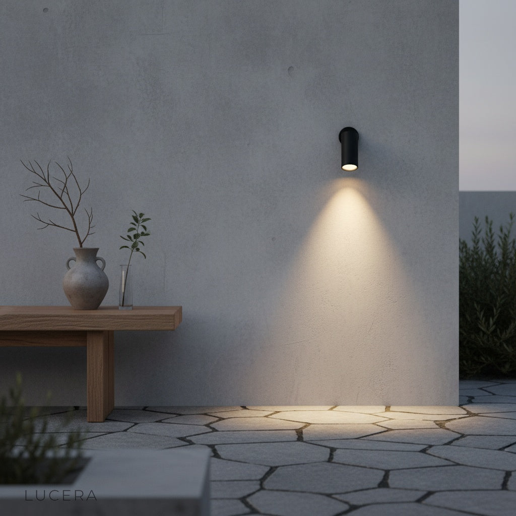pair of Gaea spotlights lighting a modern driveway entrance with soft ambient glow