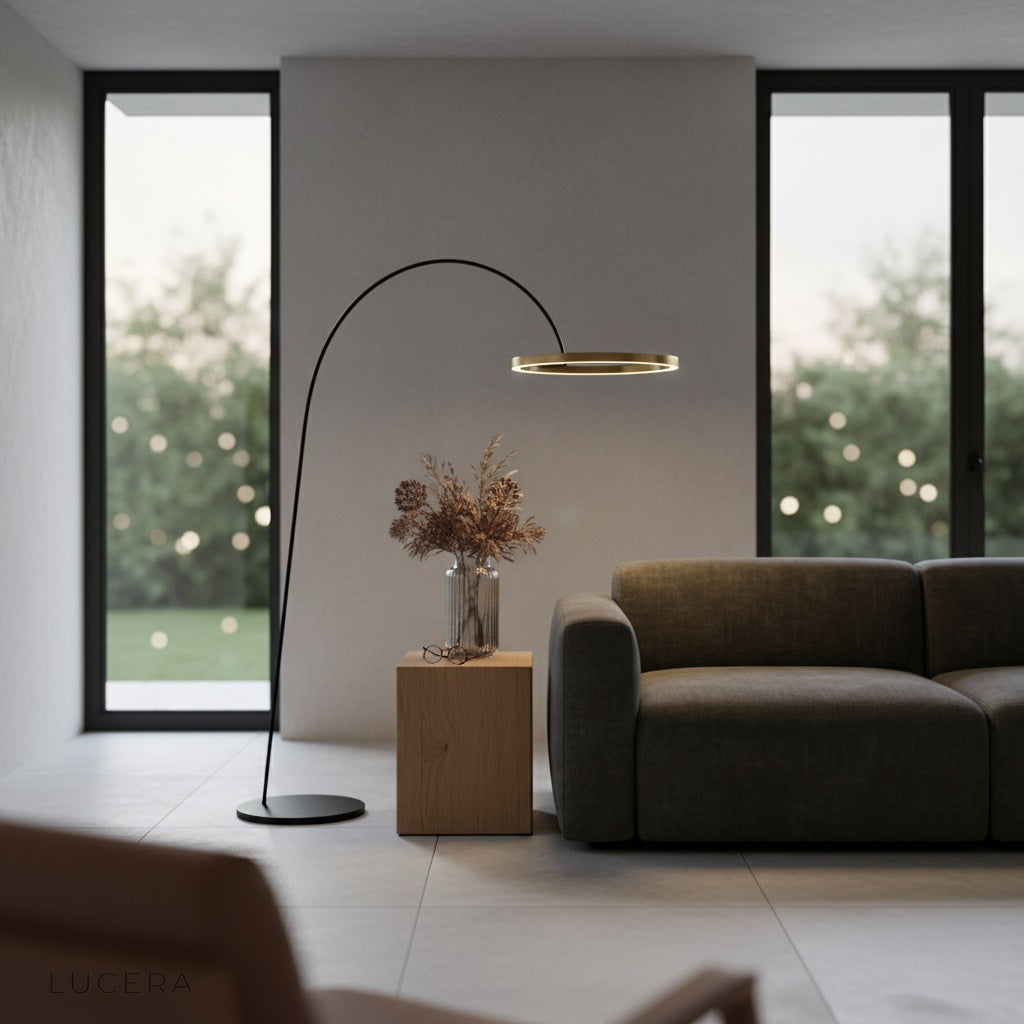 sculptural Unison floor lamp in open-plan dining area with wood accents