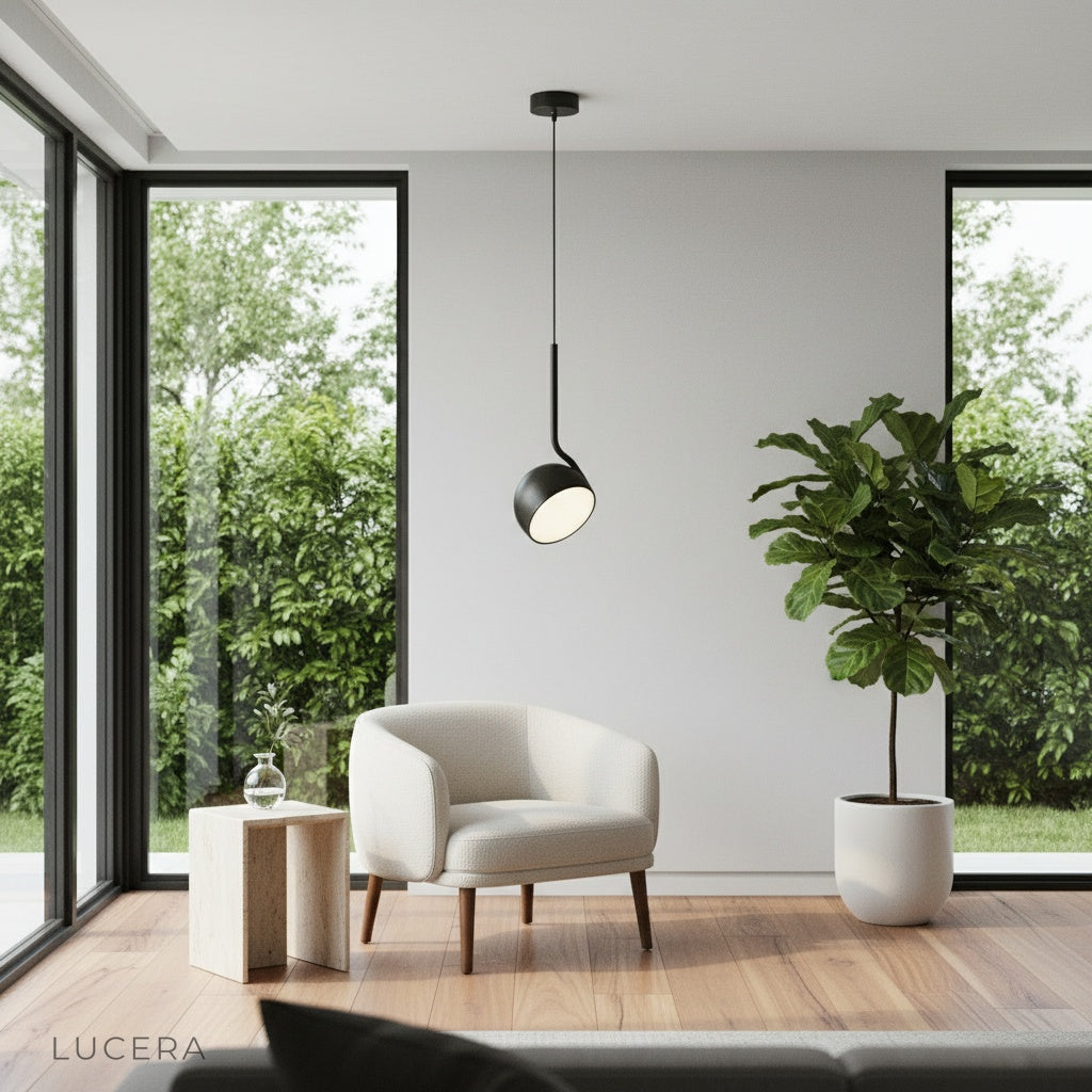Sancerre iron pendant light hanging above a minimalist armchair in a bright corner