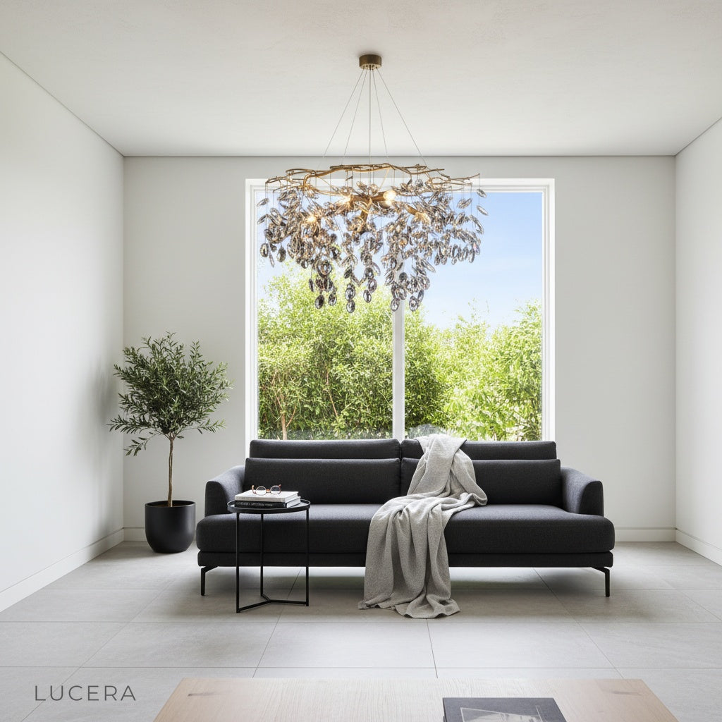 Nighttime lifestyle view of Lapis Lazuli Chandelier casting crystal light patterns on a dark wall