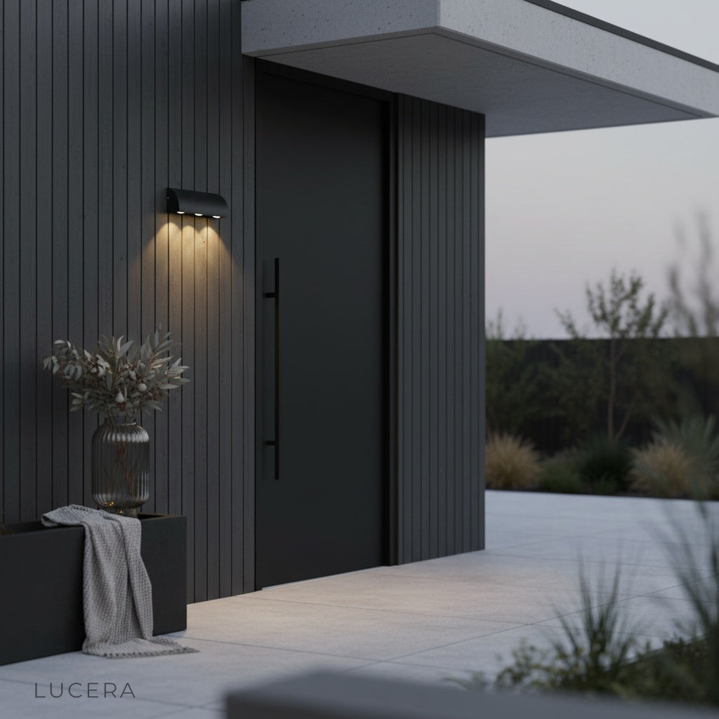 three-light Elaxi wall lamp in nighttime patio setting with ambient lighting