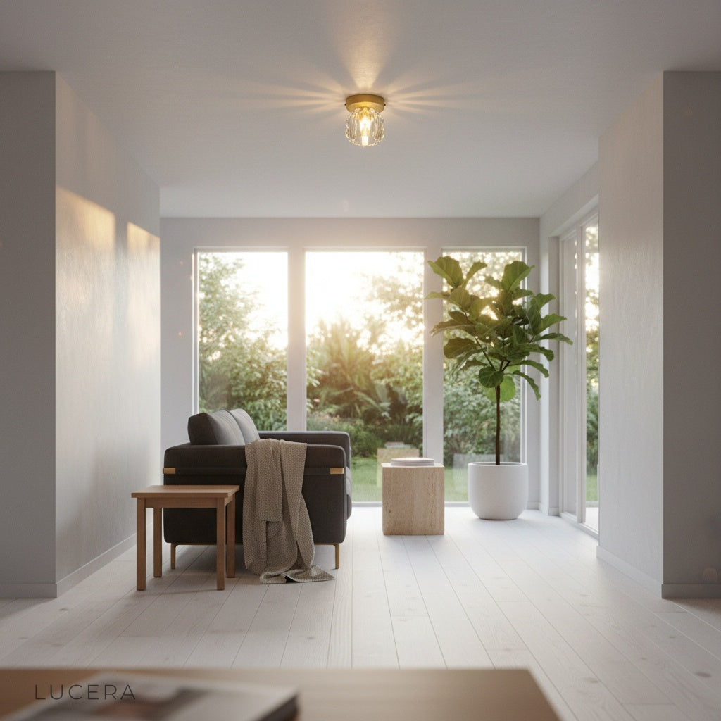 utopia ceiling light hanging in minimalist lounge with neutral decor