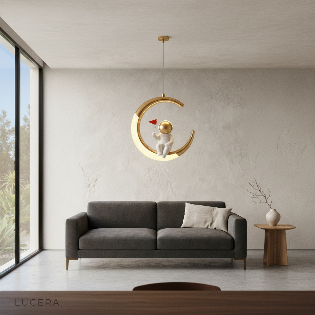 warm glowing crescent moon pendant light with astronaut in a nursery