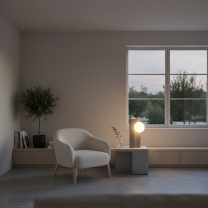 sculptural table lamp with soft light in minimalist bedroom corner setting
